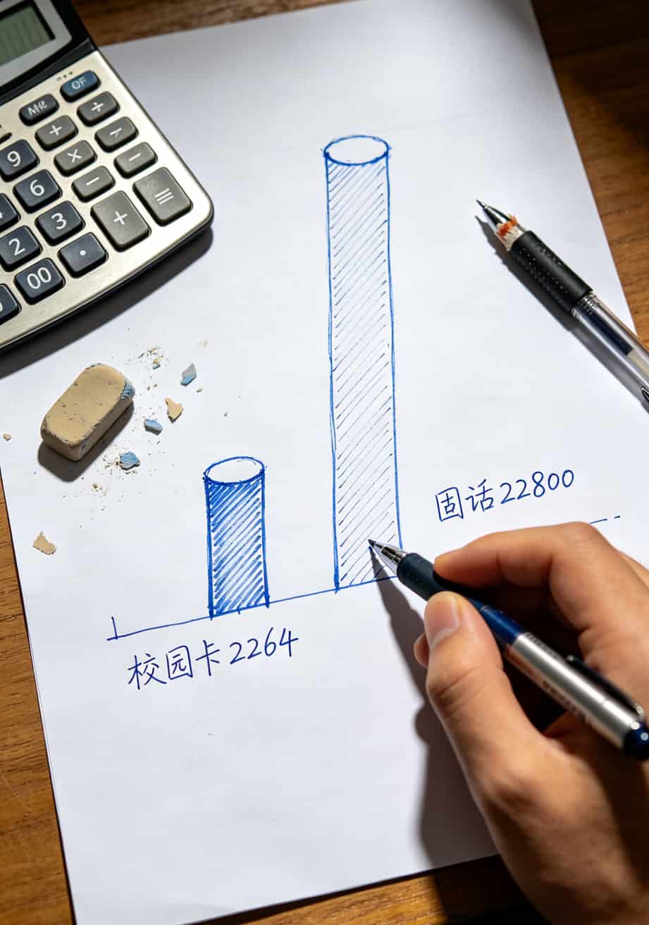 中国电信校园卡到底值不值?我帮你算了三年账,答案有点意外 三年话费对比柱状图,校园卡2264元对比固话22800元
