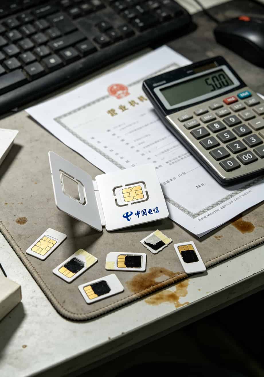 跑了三年冤枉路才明白:电销卡防封靠**中国电信天翼云**,余姚佛山北京办卡全攻略 被骗的电销卡包装盒和废卡,旁边放着营业执照复印件