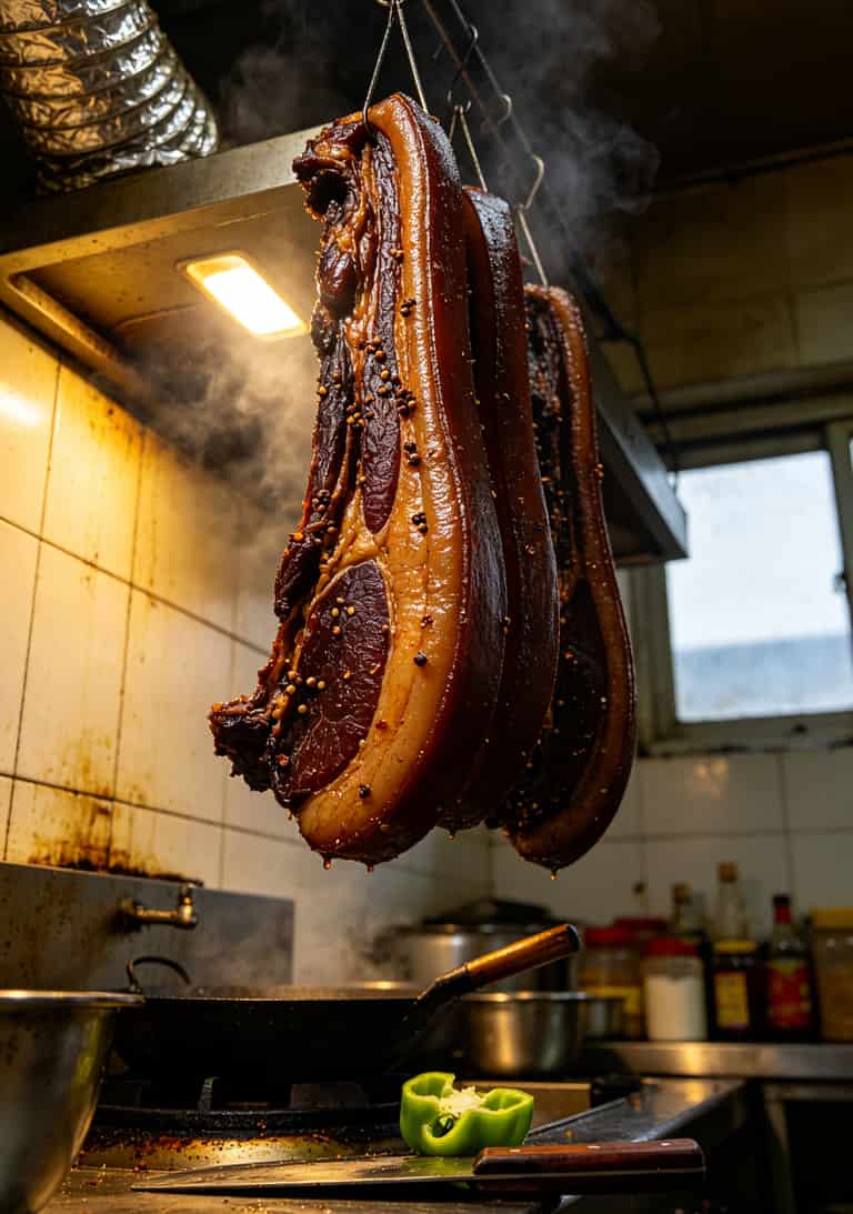 湘菜馆后厨挂着的一排腊肉，灯光昏暗但肉色油亮