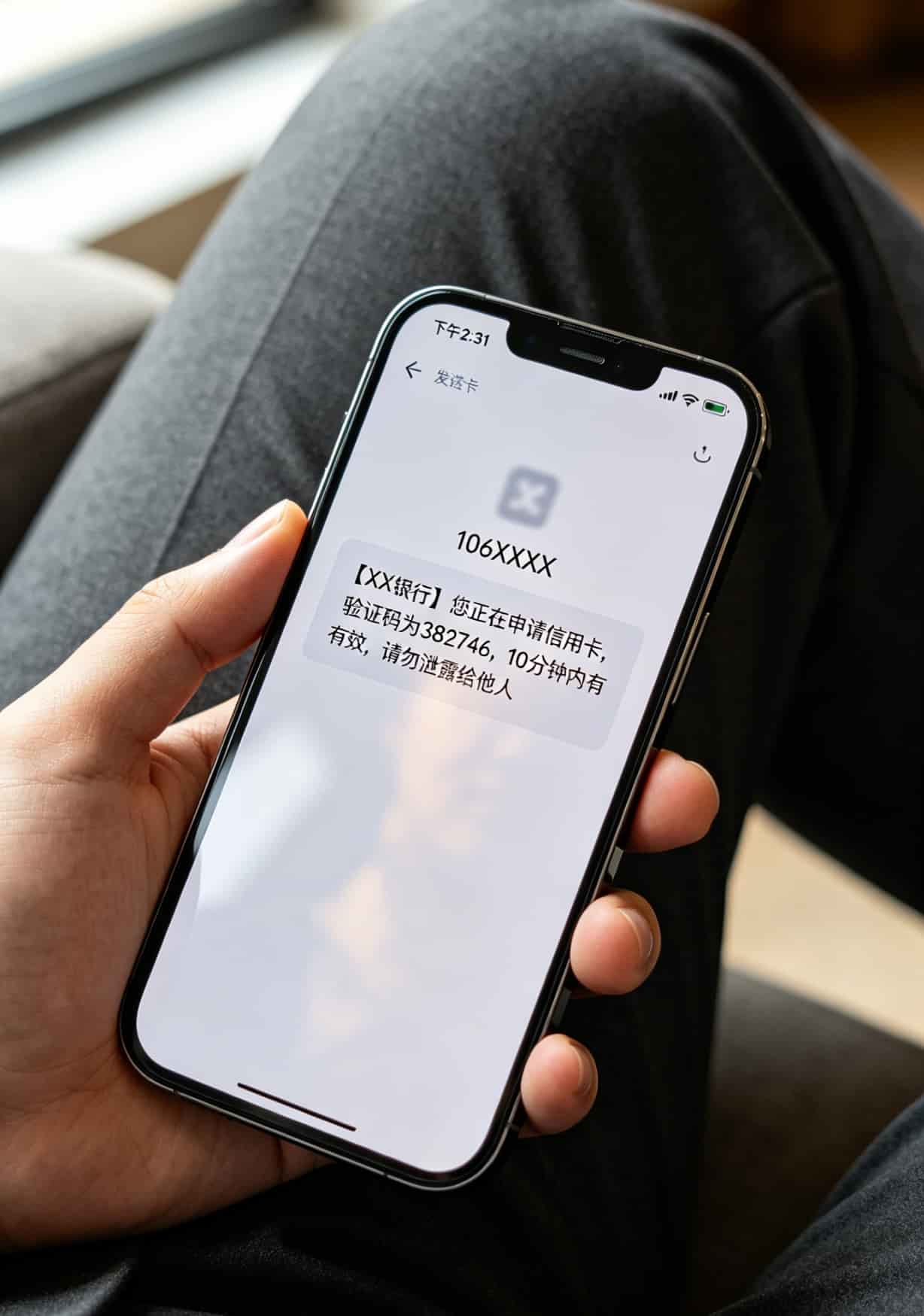 手机屏幕显示收到的银行验证码短信，部分数字模糊处理