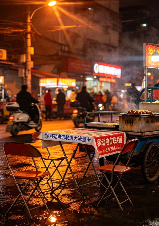 用了8年移动,又换了电信,我终于搞懂移动卡好还是电信卡好 路边摊办卡警示图,旁边是烤红薯摊