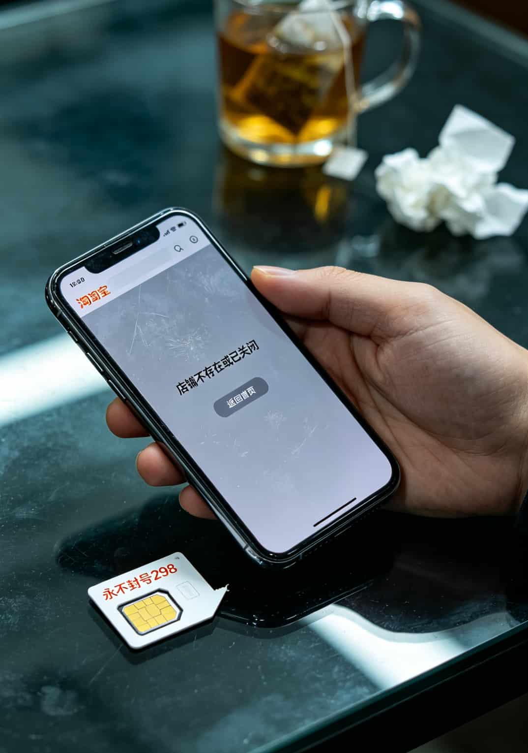 中国电信上班时间几点?别再白跑了!丽江防封电销卡避坑指南(真人血泪版) 淘宝店铺已关闭的页面截图,显示“店铺不存在或已关闭”,旁边放着一张作废的SIM卡