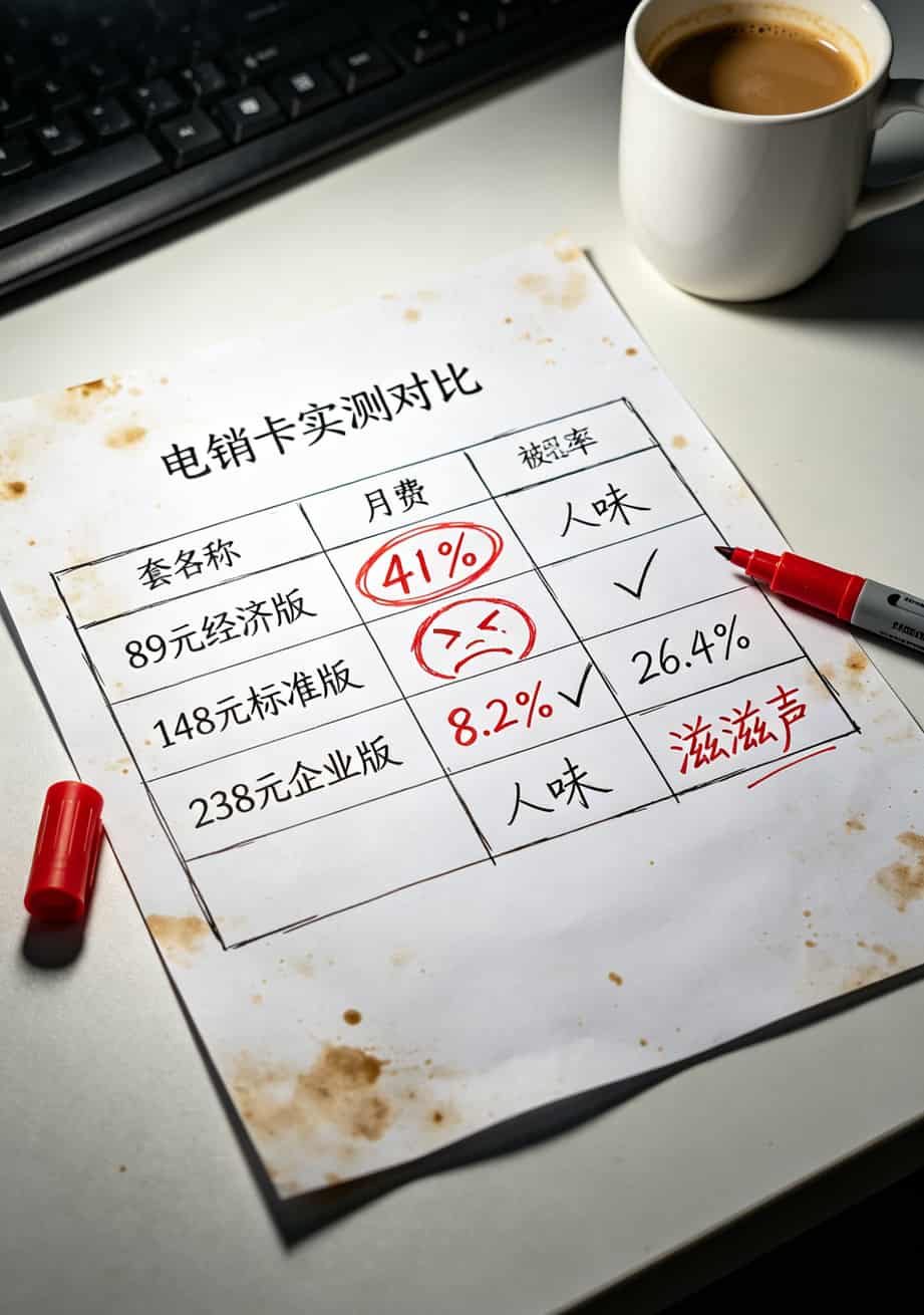 做了8年电销卡咨询,我劝你:电信的流量卡电话别乱买,先看这篇 三款电销卡套餐对比表格,标红经济型被标记率40%和标准型8%的差异