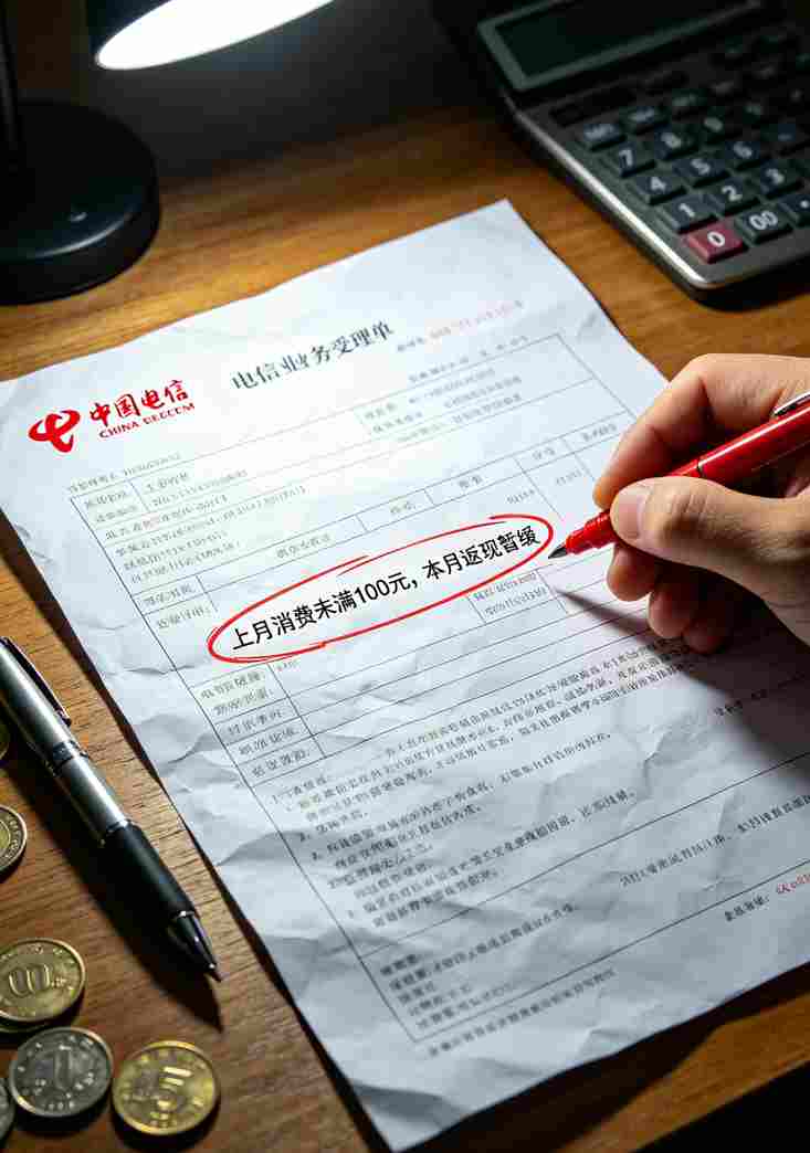 一张电信账单，上面用红圈标出“返现未达标”字样