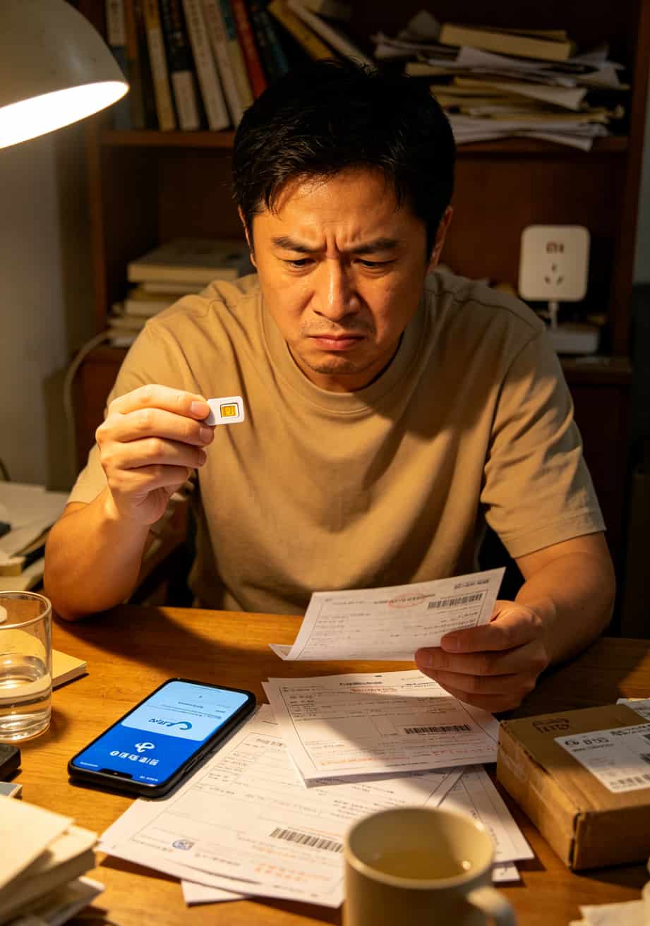 电信流量卡号码别再瞎买了!我折腾四回亏了720块,这些坑你跳过算我输 一个中年男人坐在书桌前,手里拿着一张手机卡和快递单,表情无奈