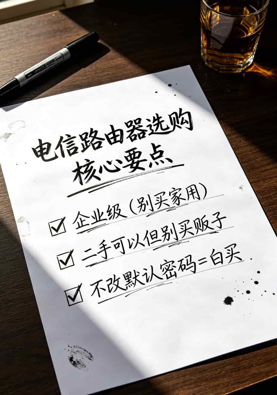 电信路由器选不对,你买10张电销卡都得废(内附真实避坑清单) 一张总结图——电信路由器选购核心要点:企业级、二手不买贩子、不改默认密码等于白买