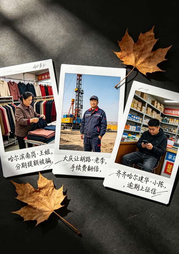 黑龙江电信用户血泪提醒:信用卡电销分期的5个隐形坑,我交了三年学费才看懂 三个人物头像和简短文字说明,标注哈尔滨、大庆、齐齐哈尔三个真实案例