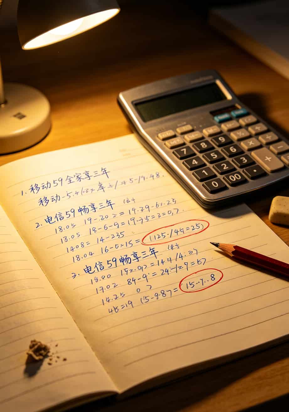 用了8年移动,又换了电信,我终于搞懂移动卡好还是电信卡好 三年费用对比表格,移动和电信各一行数字,手写在笔记本上