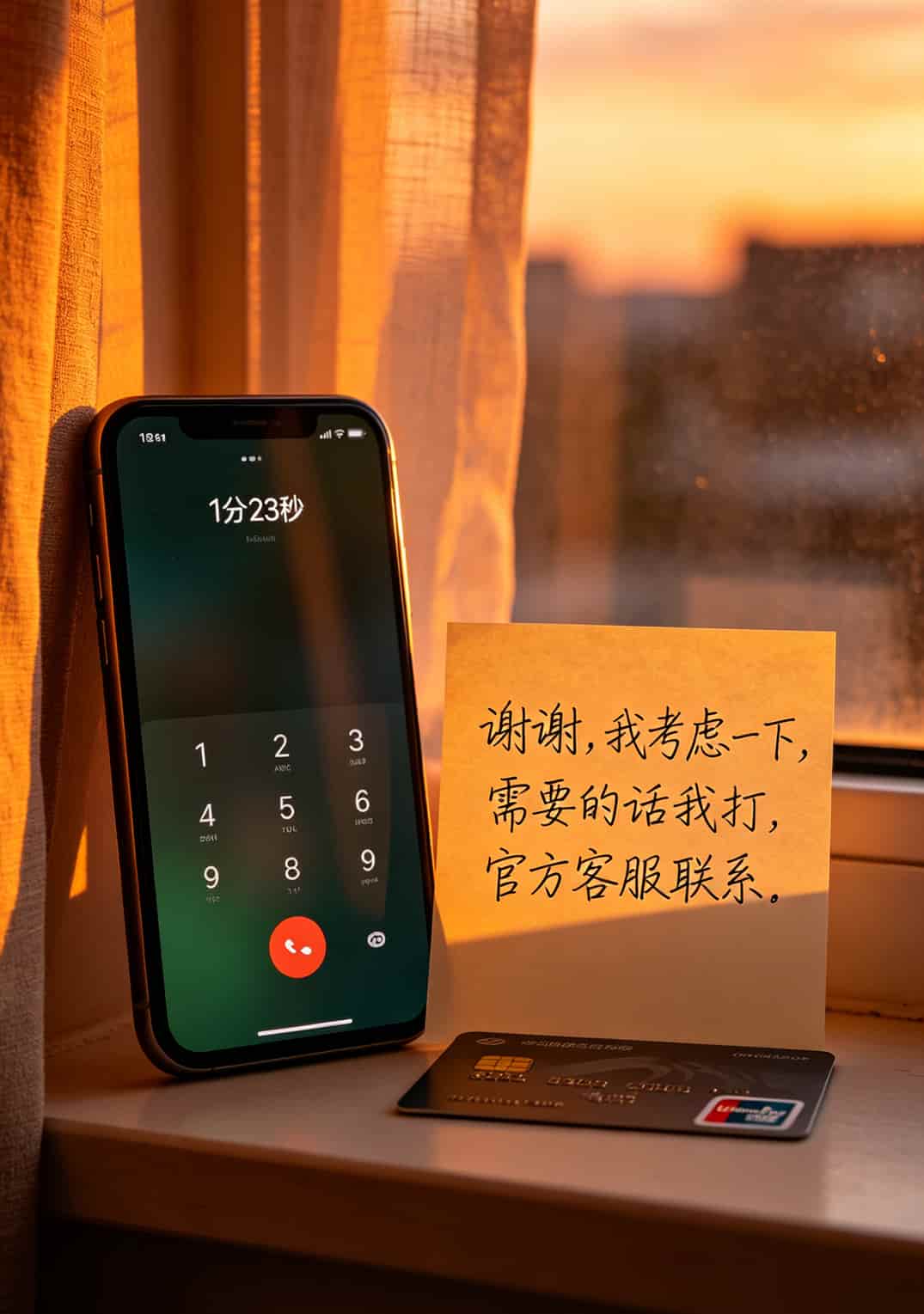 电信转移动?信用卡电话推销的坑,我替你踩了八年才敢写这篇 手机通话结束界面,显示“通话时长1分23秒”,旁边手写“这句够用了”