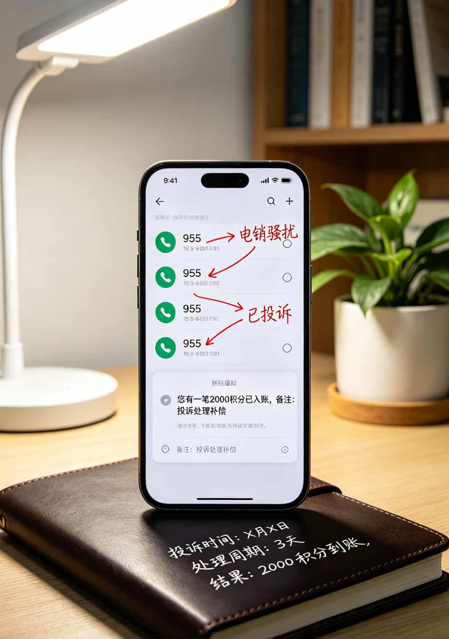 电信转移动?信用卡电话推销的坑,我替你踩了八年才敢写这篇 手机通话记录截图,标记了几通银行来电及处理结果:投诉成功获赔2000积分