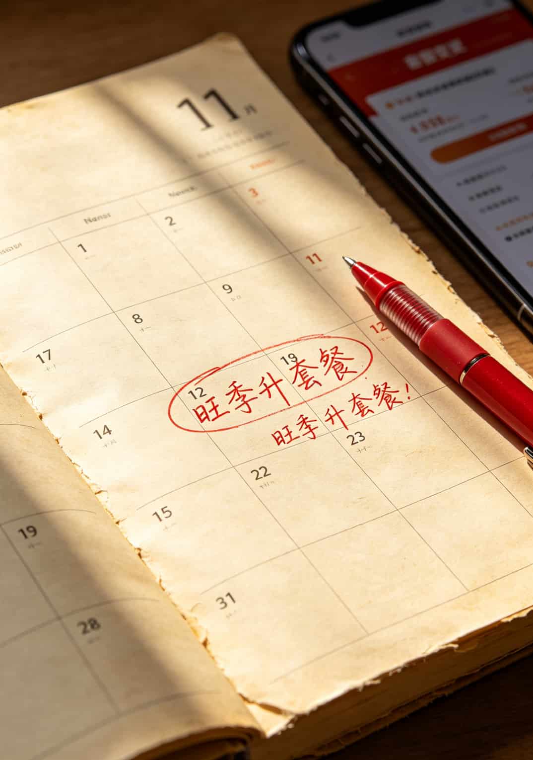 电销卡老换老封?改个**电信apn**,我一张卡用了11个月(附手把手设置) 日历上圈出11月到1月,旁边写着“旺季升套餐”