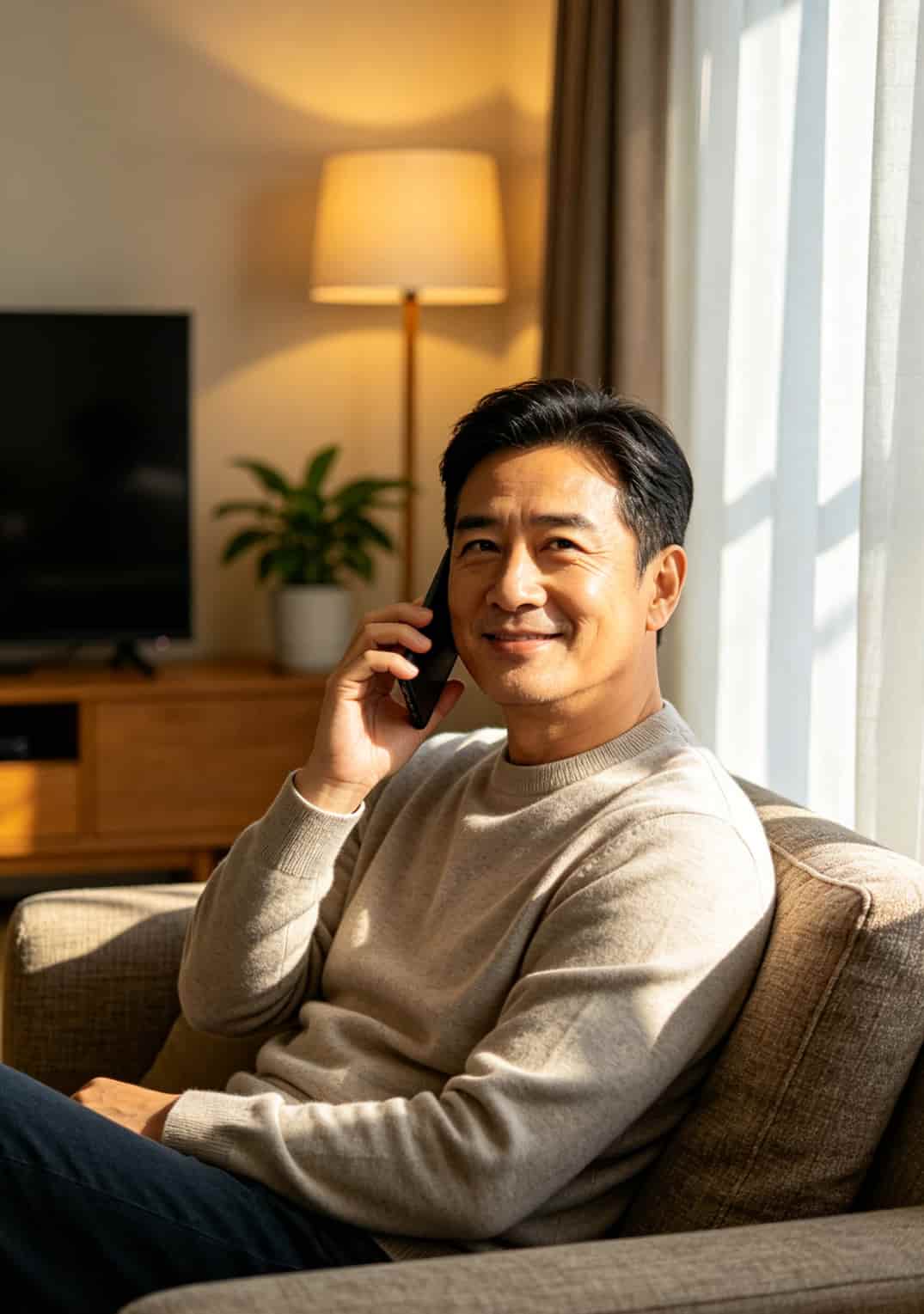 打了8年电话才搞懂:中国电信人工服务号码是多少?这3招转人工最快 一个人拿着电话面带微笑,通话氛围轻松