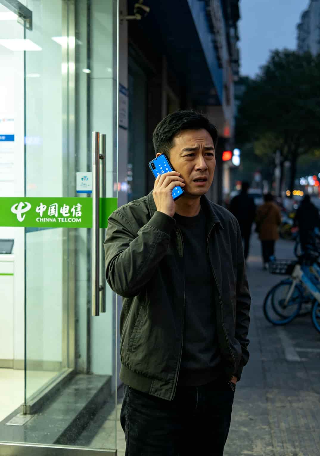 打了三年电销电话,我把11张卡全掰了(武汉电信客服电话也救不了你) 武汉光谷街头电信营业厅门口,一个人拿着手机皱眉