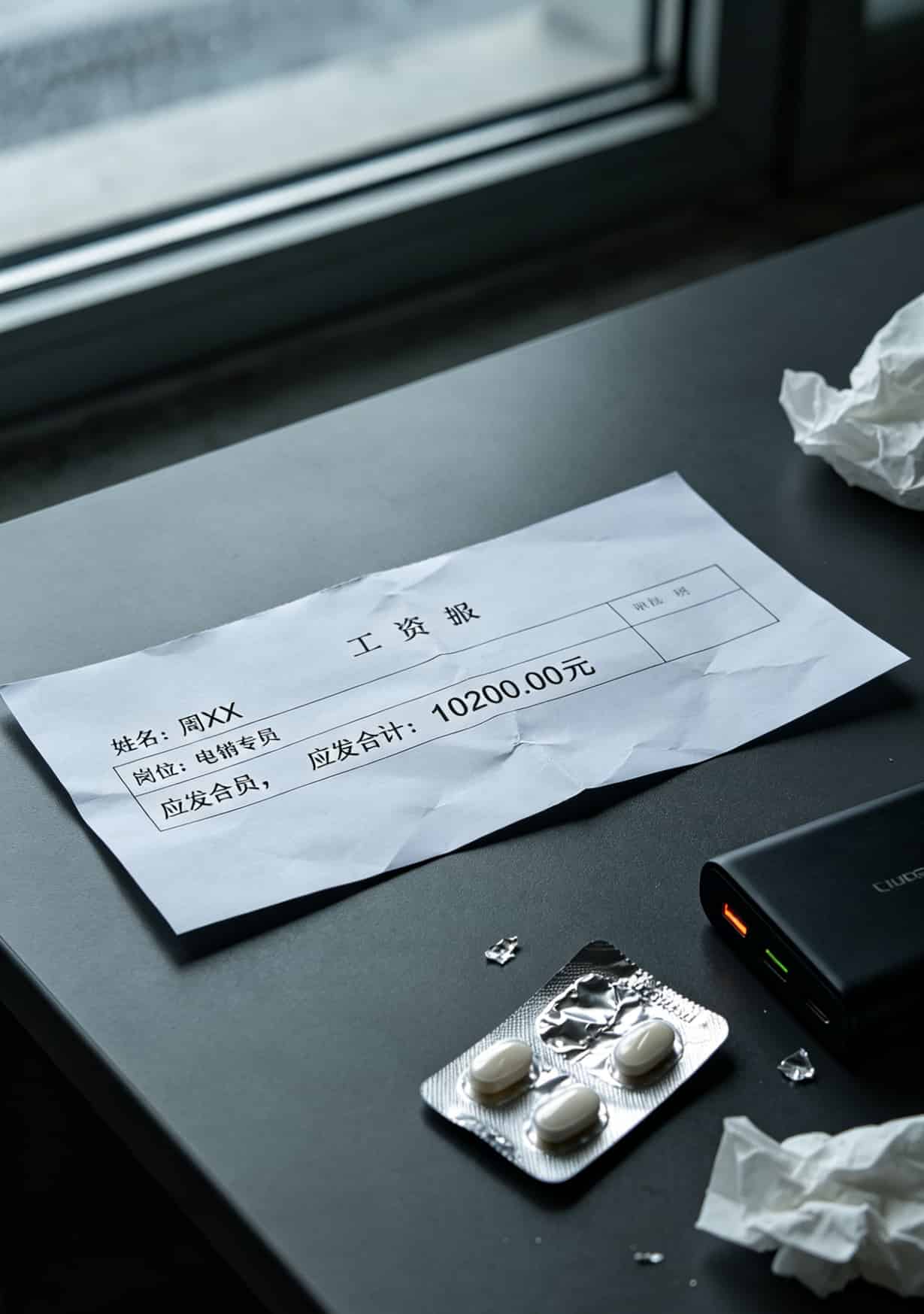 打了三年电销电话,我把11张卡全掰了(武汉电信客服电话也救不了你) 工资条上显示10200元,旁边放着润喉糖和充电宝