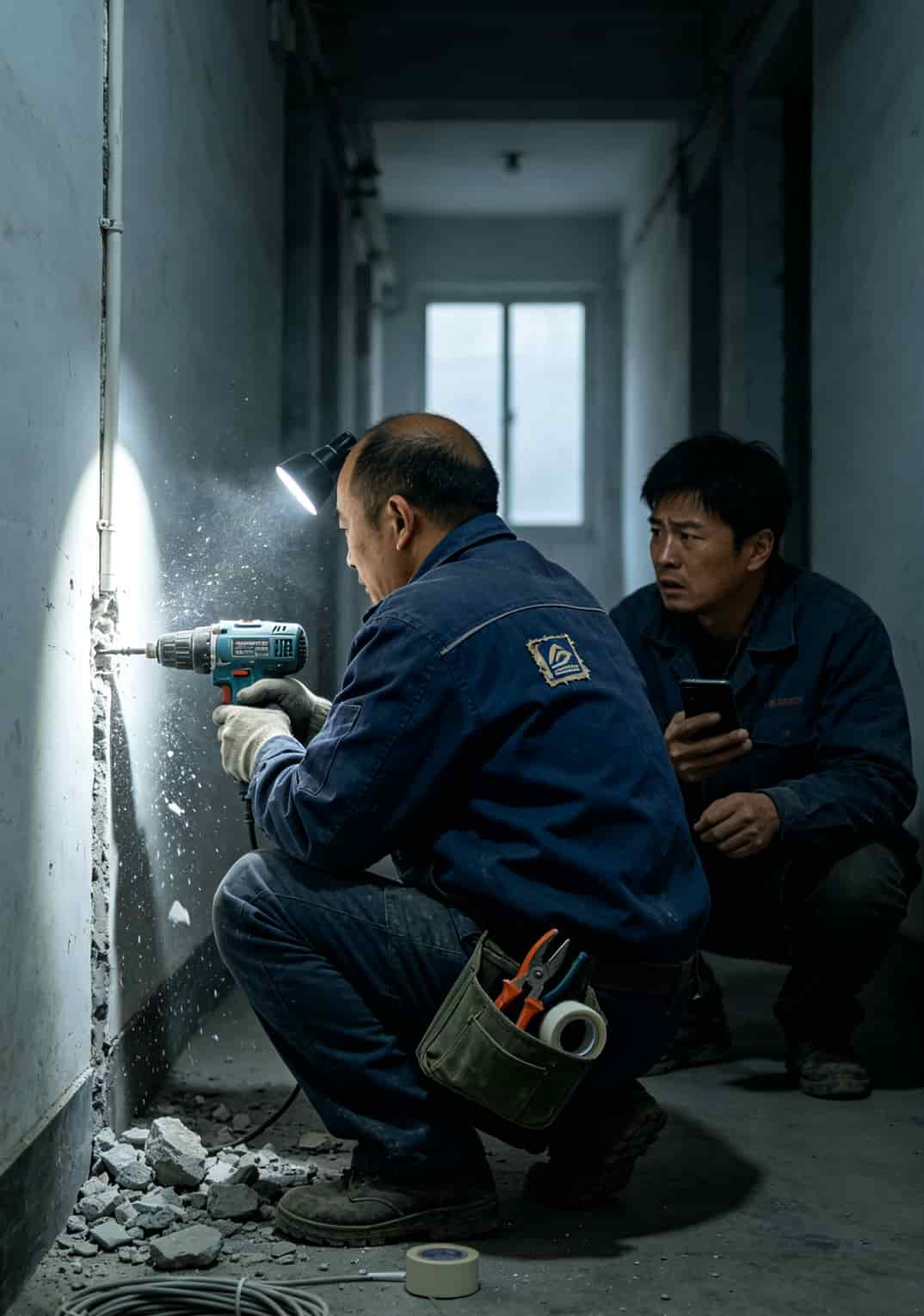 宽带安装师傅正在穿墙打孔