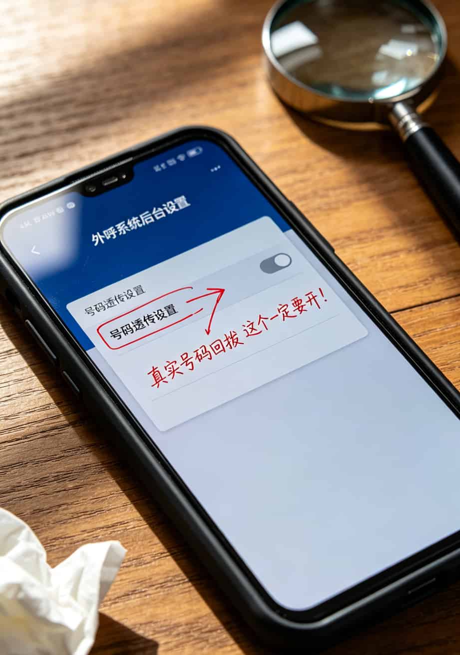 做了8年电销卡咨询,我劝你:电信的流量卡电话别乱买,先看这篇 外呼系统后台设置截图,箭头标注“真实号码回拨”开关位置