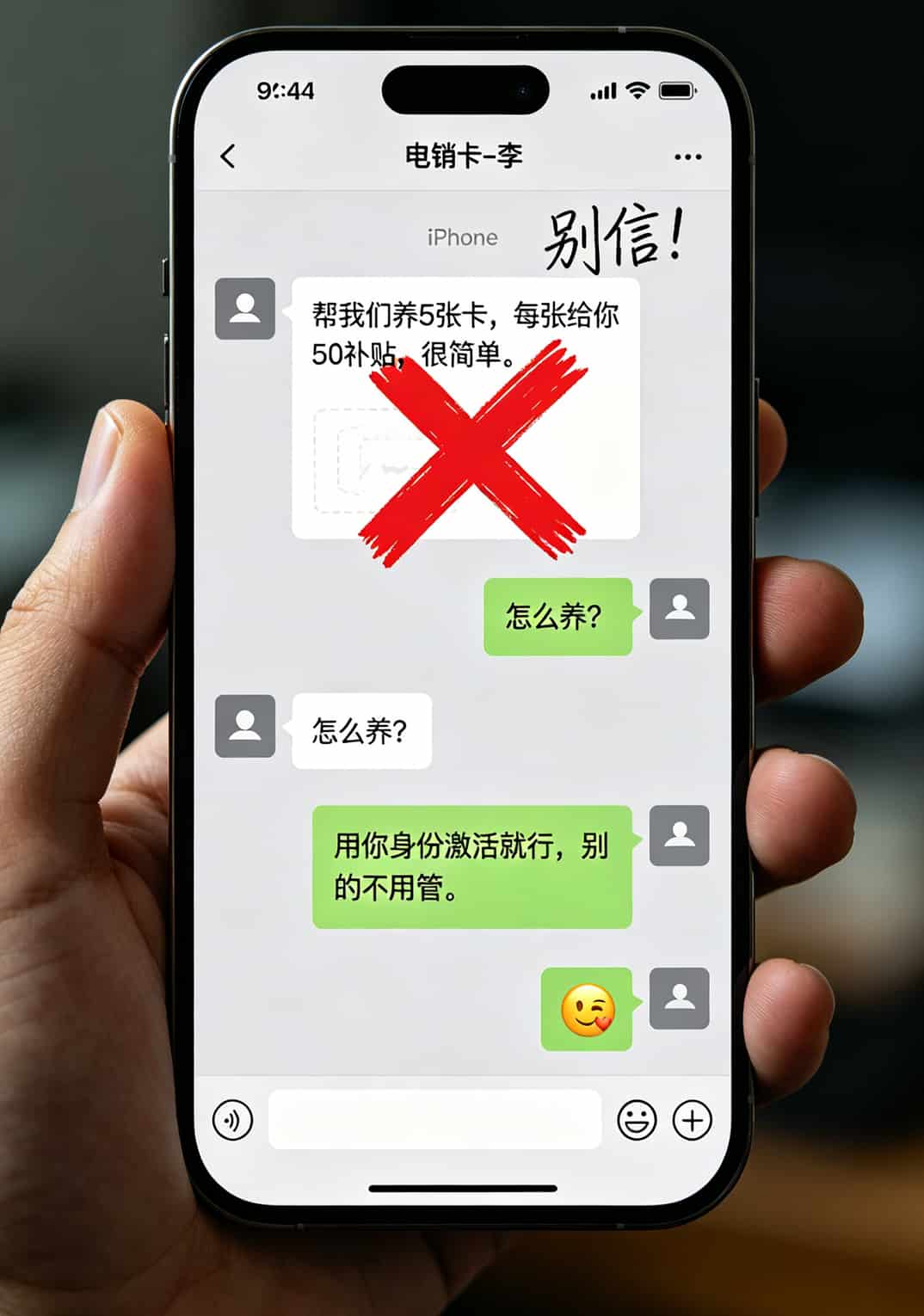 做了8年电销卡咨询,我劝你:电信的流量卡电话别乱买,先看这篇 手机屏幕截图,微信聊天记录显示“养卡补贴50元/张”,红色大叉标注