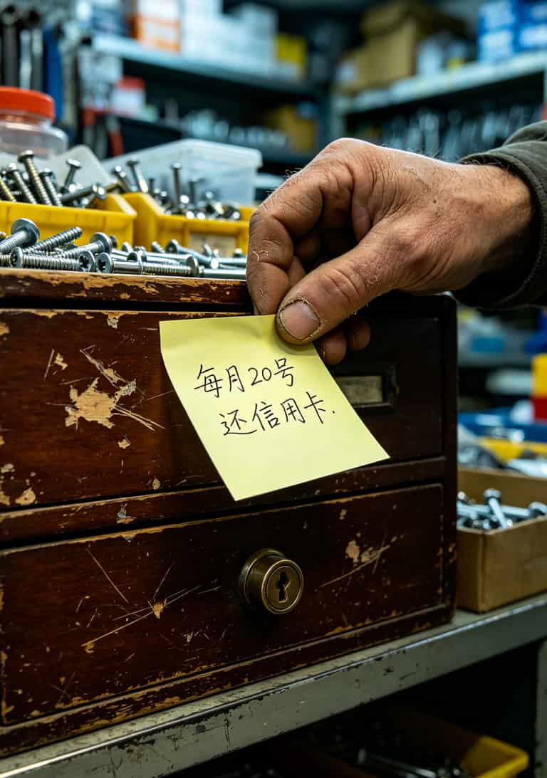 一张黄色便利贴贴在木质抽屉上，手写着“每月20号还信用卡”