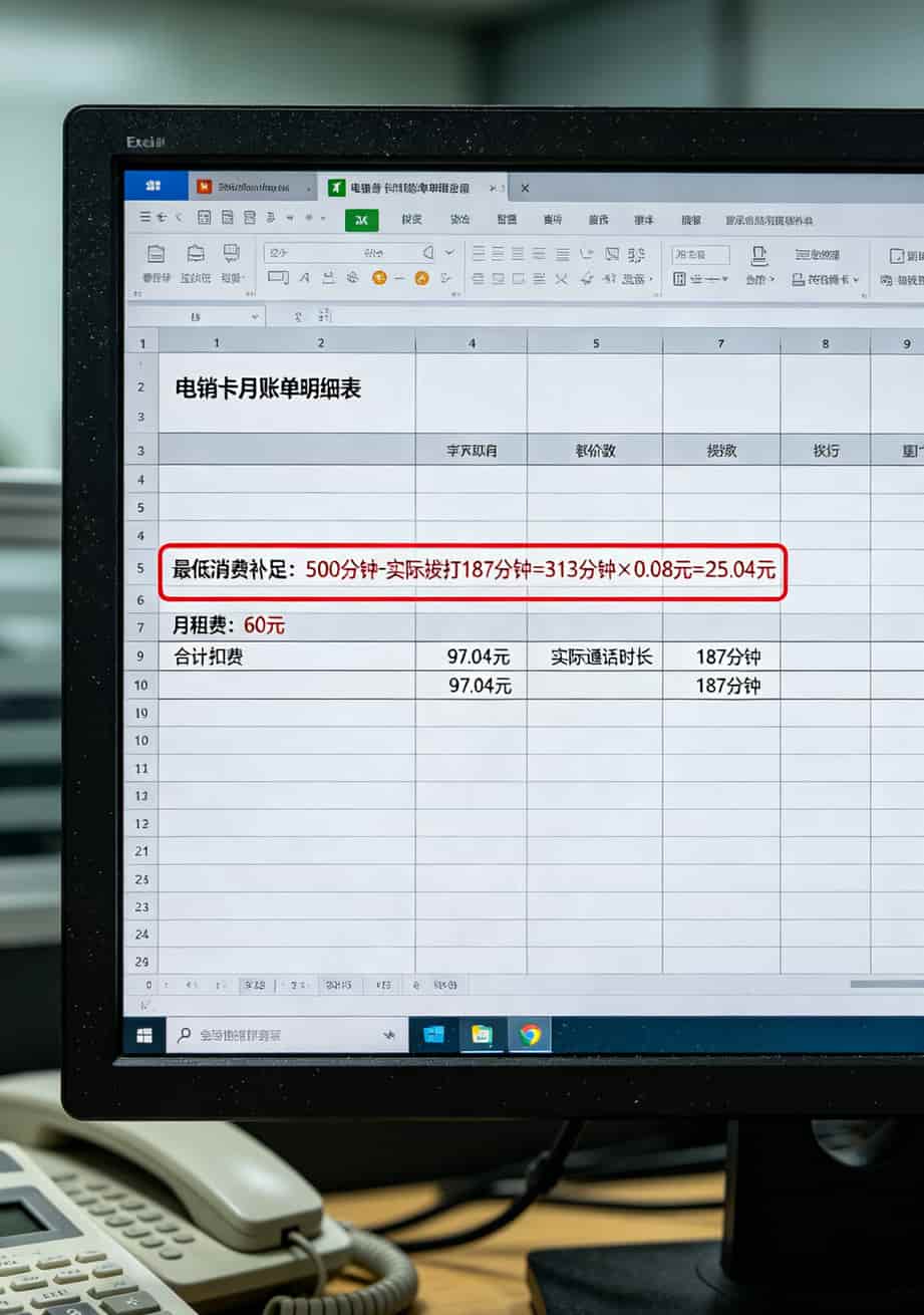 电销卡销户太难?电信招聘官网不会告诉你的4个坑和3个省钱招 电销卡月账单截图,显示最低消费扣费项和实际通话时长