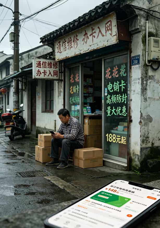 做了8年电销卡咨询,我劝你:电信的流量卡电话别乱买,先看这篇 余姚南雷路通信市场门口照片,标注实体店和线上价格对比