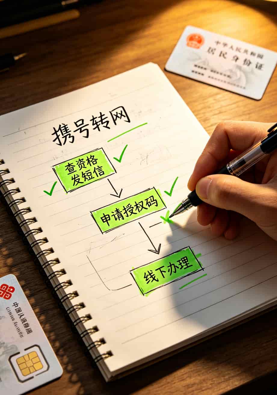 携号转网办理流程示意图，绿色打勾步骤