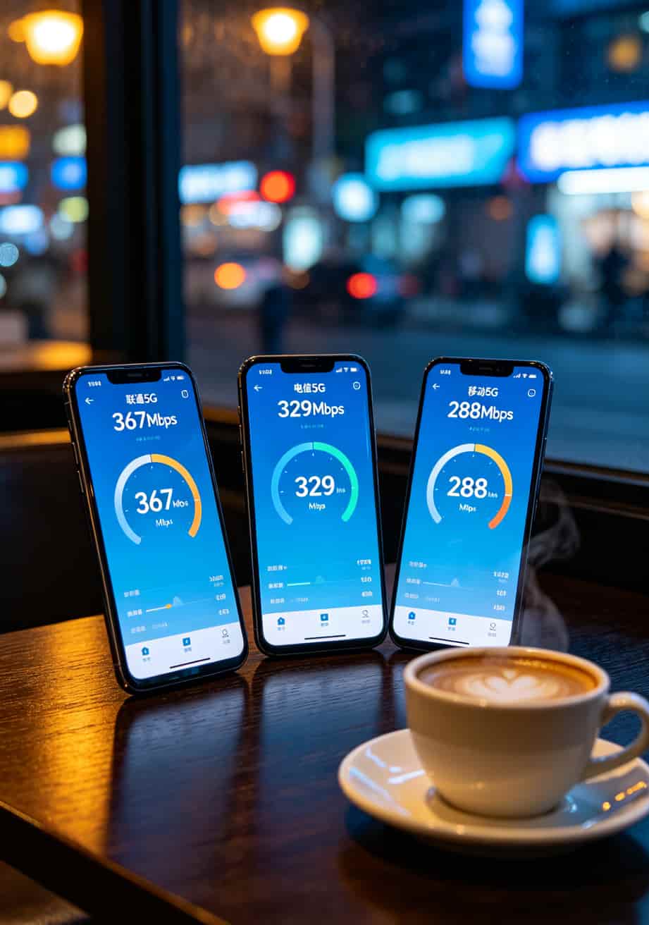 三大运营商5G网速实测对比柱状图，联通367电信329移动288