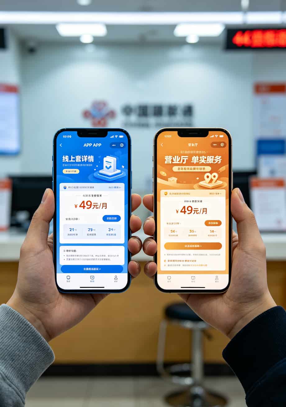 手机截图对比线上套餐与线下营业厅套餐详情页