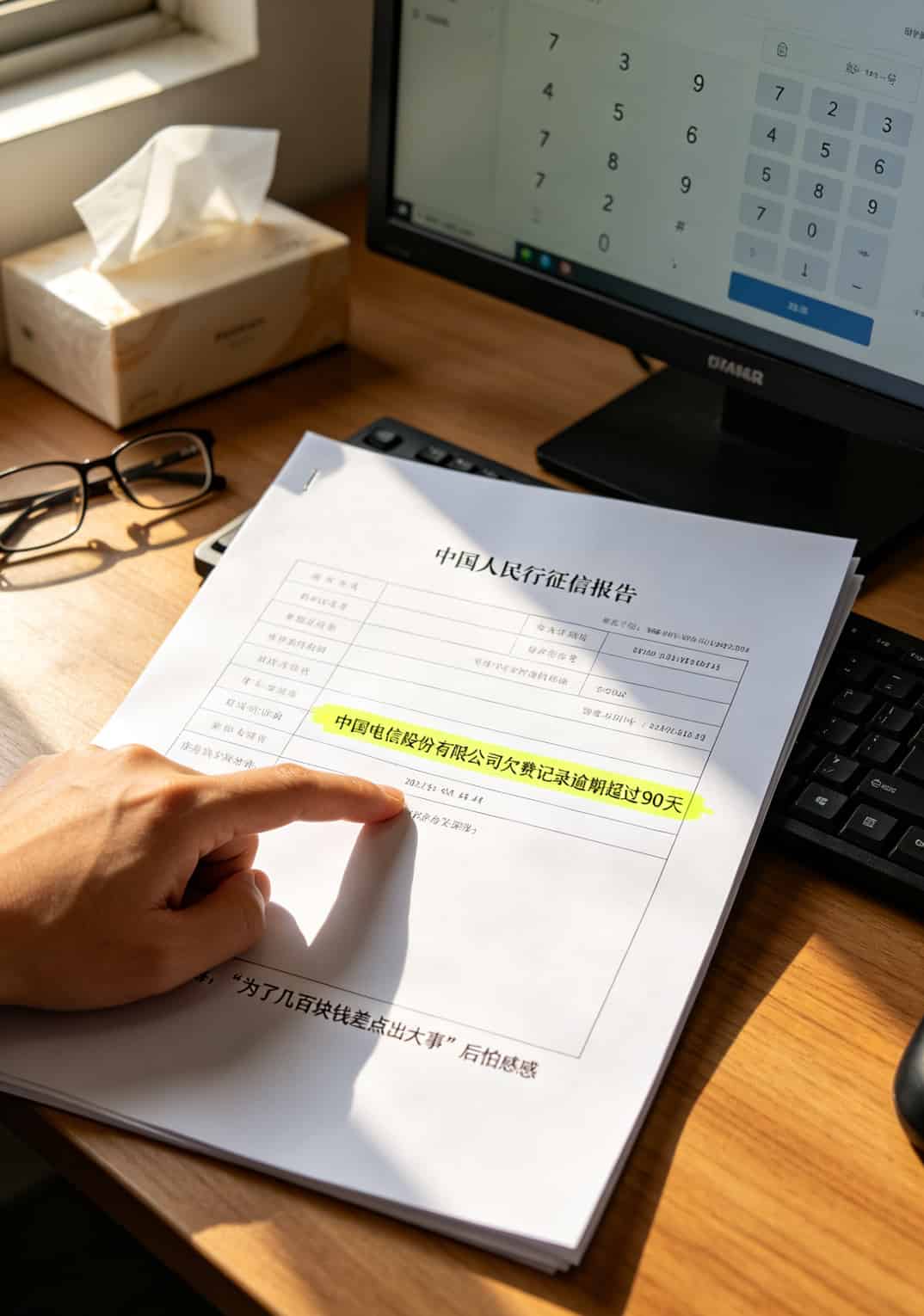征信报告上显示电信欠费记录示例