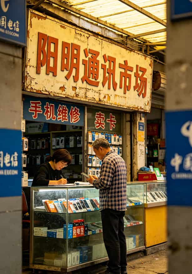 余姚电销卡避坑指南:我跑遍全城找“中国电信的电话”办卡,这些坑全踩过 余姚阳明通讯市场门口招牌和手机店摊位