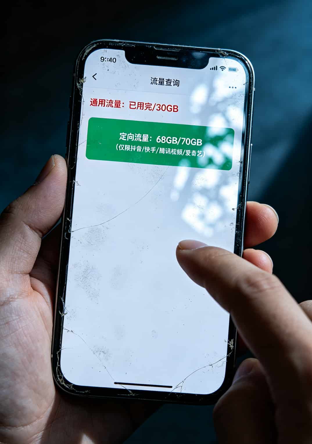 手机流量查询界面截图，显示通用流量已用完，定向流量还剩68G