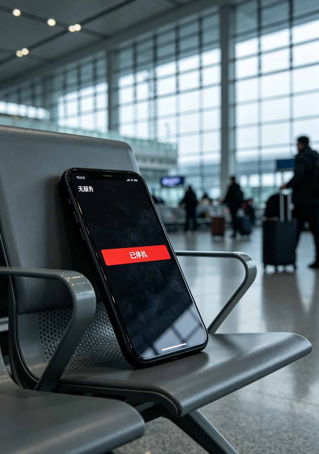 手机无服务截图，红色箭头指向“已停机”提示文字