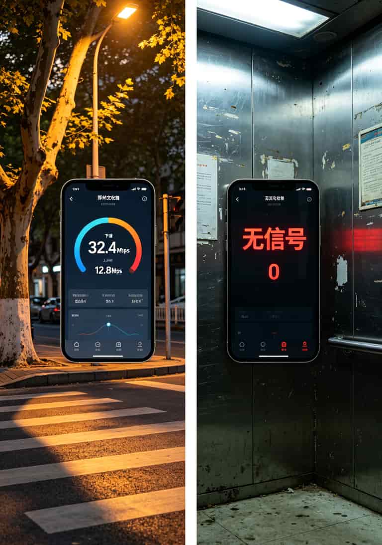 被坑了六年才整明白,联通流量卡超出怎么收费这事真得自己盯着——少花冤枉钱的野路子指南 手机测速截图,文化路路边测速32Mbps,电梯内测速显示无信号