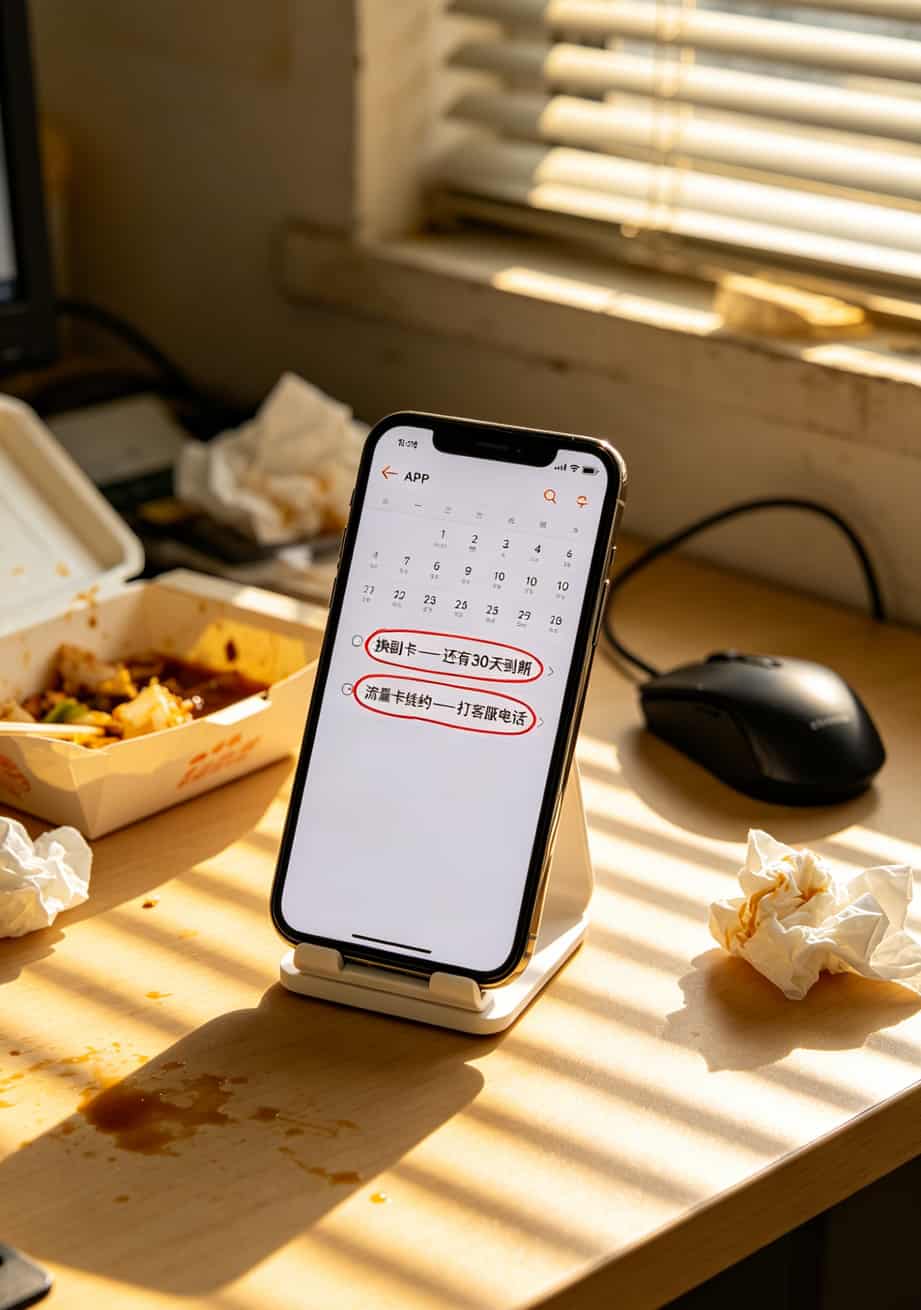 手机日历截图，显示“换副卡”和“流量卡续约”两个提醒事项