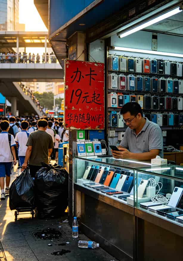 华为随身WiFi联动流量卡套餐怎么选?实测6张卡,这样搭配一年省下1000块 深圳华强北电子市场门口,人流密集