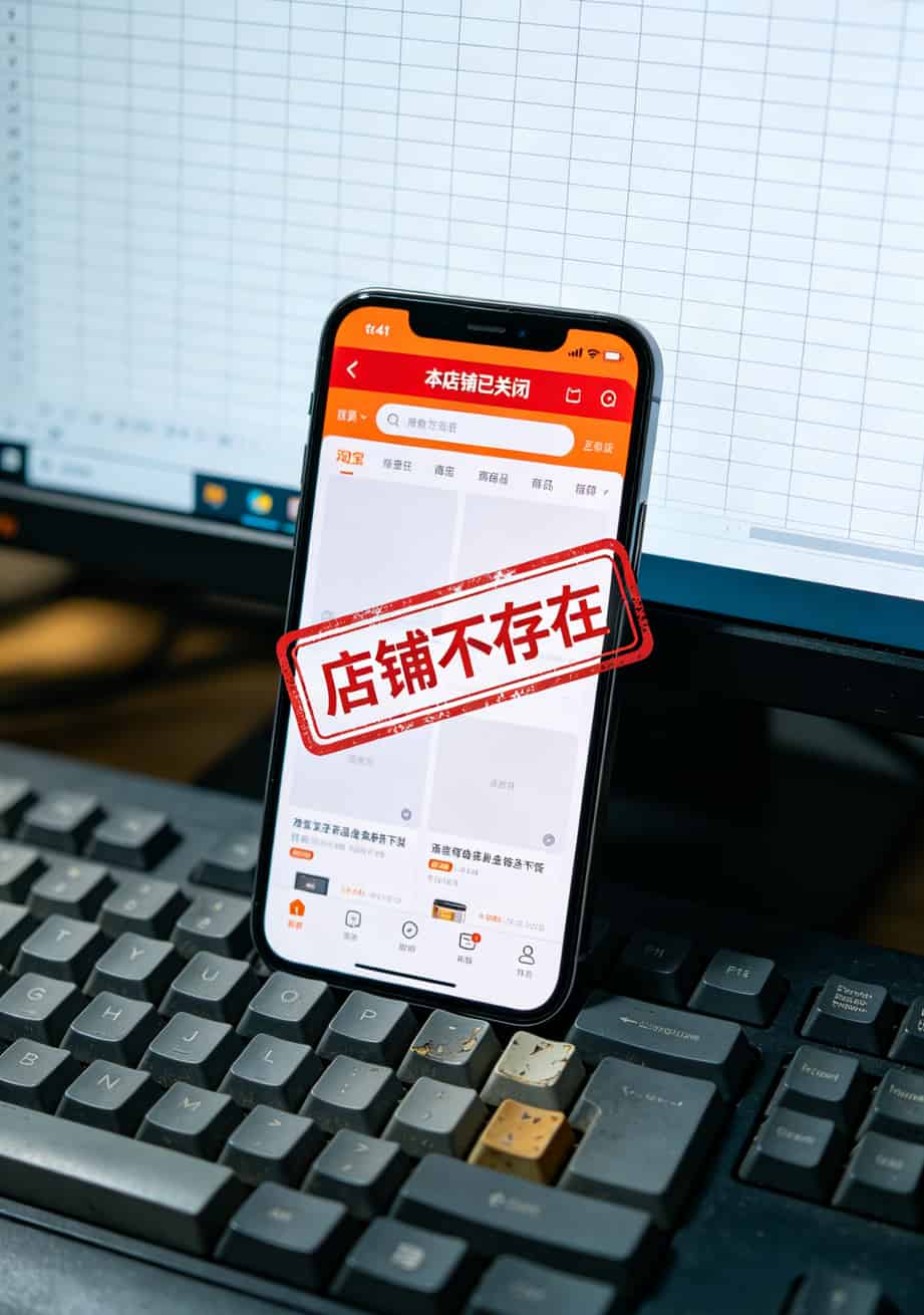 淘宝店铺已关闭页面截图，红色印章标注“店铺不存在”