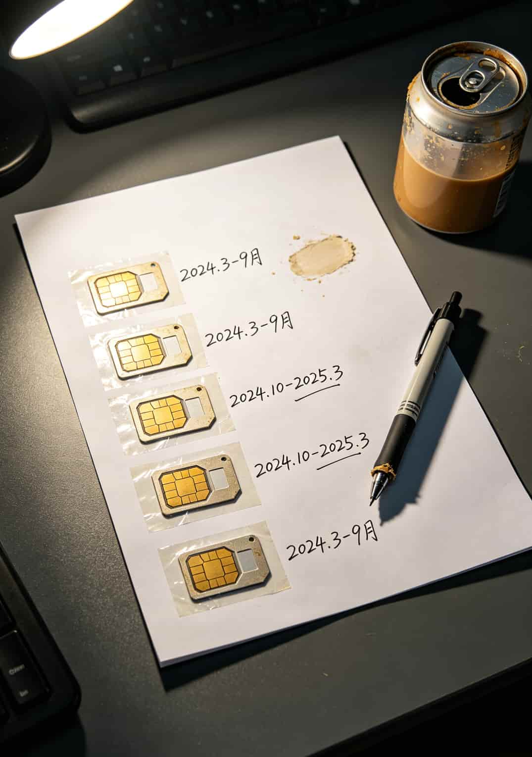 旧手机卡排列在桌面上的实拍，标注各卡使用时间段