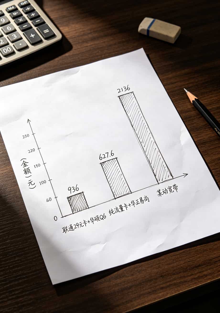 联通29元流量卡申请前,先看这篇!华硕Q6实测从11Mbps到79Mbps 两年三种方案总花费对比柱状图