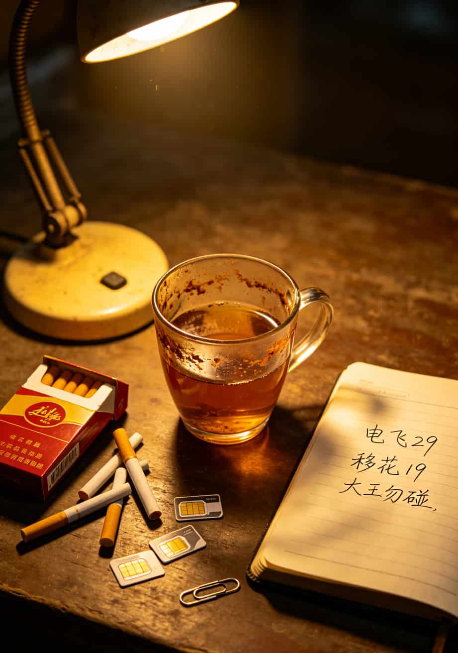 2020什么流量卡最划算?实测6张卡,答案就一句:别碰大王卡和闲鱼神卡 文章写作环境俯拍,桌上一杯已经凉了的茶、一包拆开的烟、几张废SIM卡