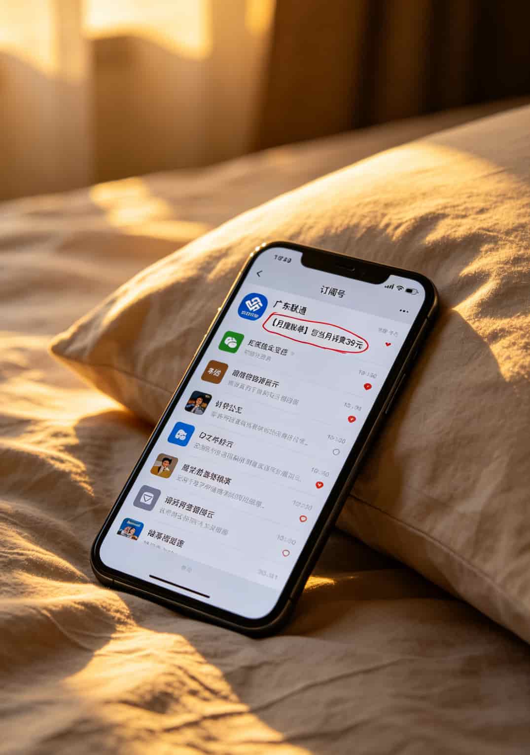 运营商微信公众号消息列表截图，圈出每月账单推送