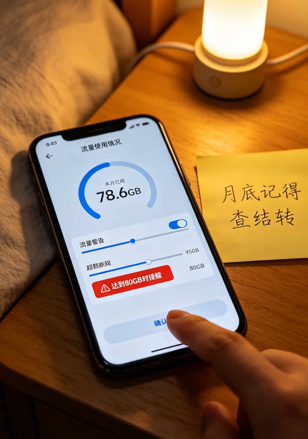 我买了十几张流量卡,100g流量卡一个月多少钱终于搞明白了(附避坑指南) 手机设置界面截图,显示流量警告设置页面,设置了80GB和95GB两个预警点