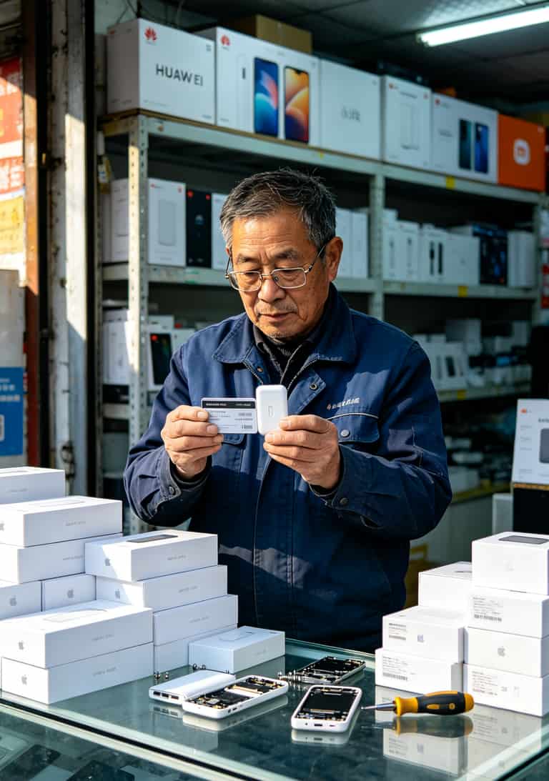 老张在科技市场数码柜台前测试随身WiFi设备