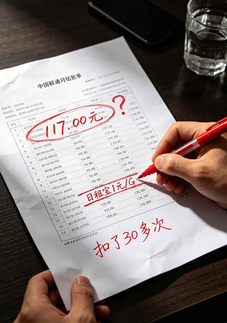19块月租的流量卡有啥?实测三台中兴随身WiFi,说点得罪人的大实话 联通大王卡月结账单截图,显示117元扣费明细
