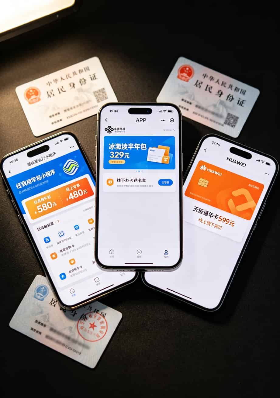 三张手机截图拼接，对比移动、联通、华为线上线下价格差异