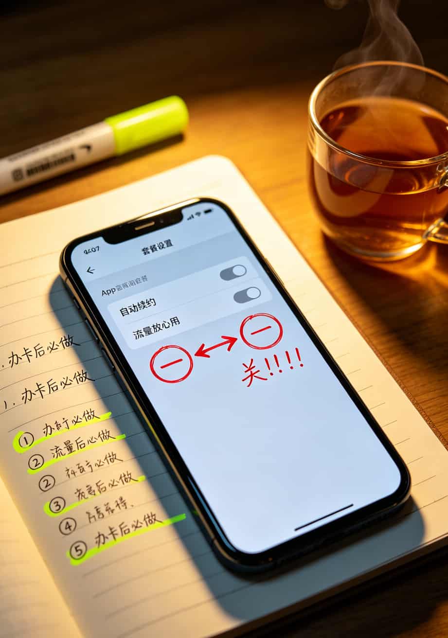 172流量卡分销内行人揭秘:一张流量卡的命,比我前女友的心思还难猜 运营商App里关闭“自动续约”和“流量放心用”的操作截图,箭头标注位置