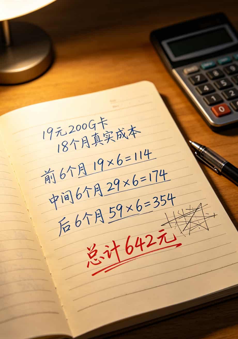 19块钱200G流量卡,我劝你看完这篇再下手(2025年正规流量卡避坑实录) 手写的计算表格,18个月各项费用清晰列出