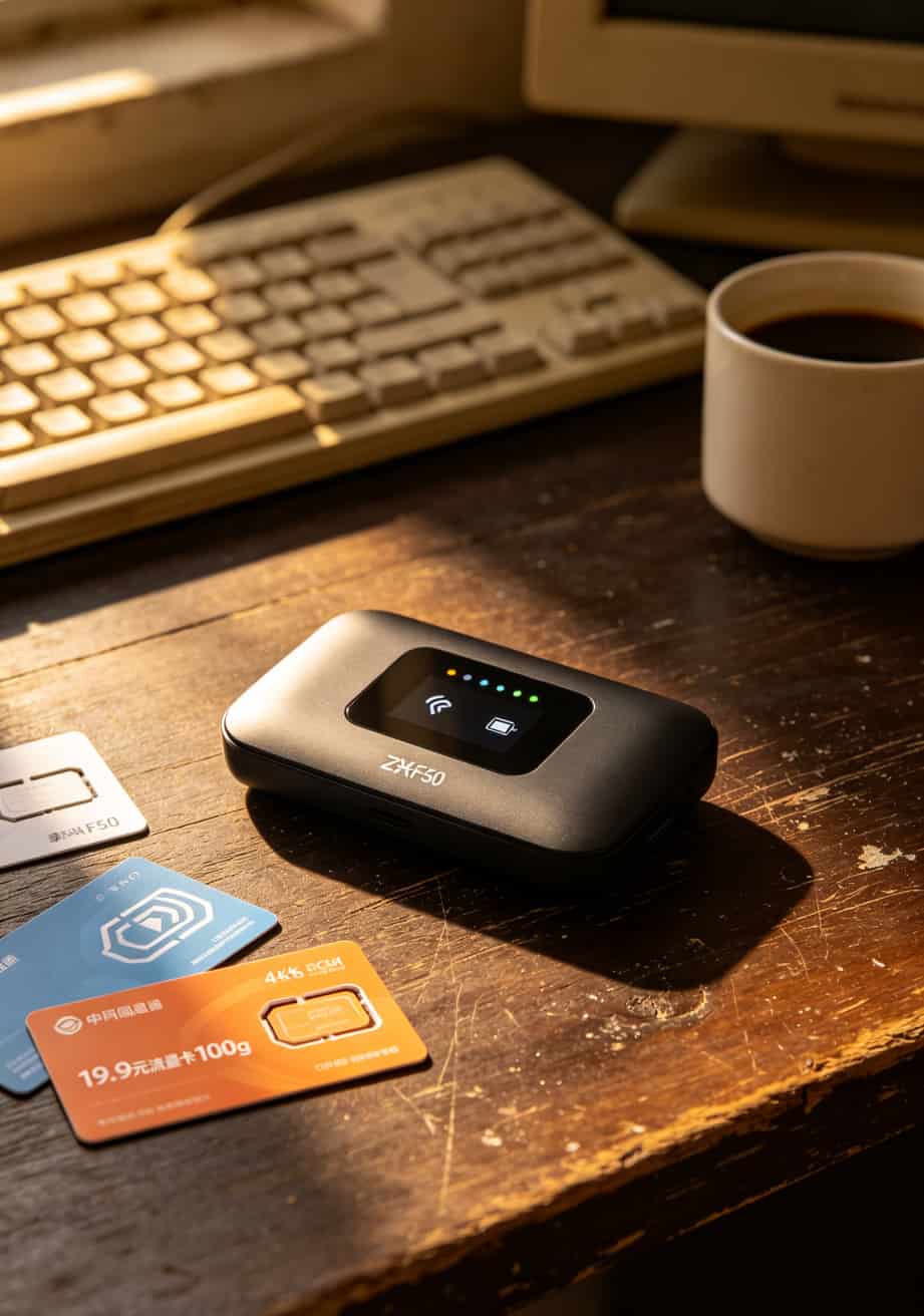 中兴F50随身WiFi和几张不同流量卡摆放在木桌上的真实拍摄