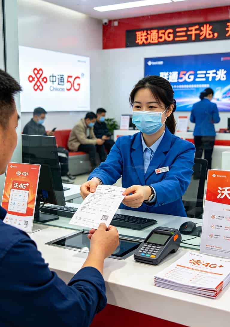 联通营业厅柜台前有人在办理业务
