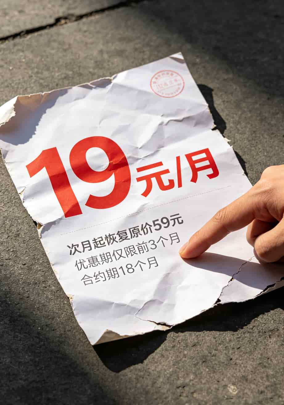 我买了十几张流量卡,100g流量卡一个月多少钱终于搞明白了(附避坑指南) 某流量卡宣传页截图,红色大字号写着“19元/月”,下方灰色小字写着“次月起恢复原价59元”