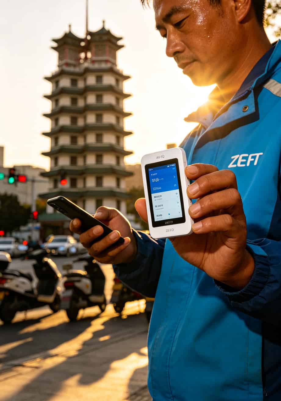 19块钱月租300g流量卡可信?我跑外卖换了7张卡,拿中兴F30实测半年的答案:90%是坑! 郑州外卖骑手老孙手持中兴F30随身WiFi在二七塔附近实测网速