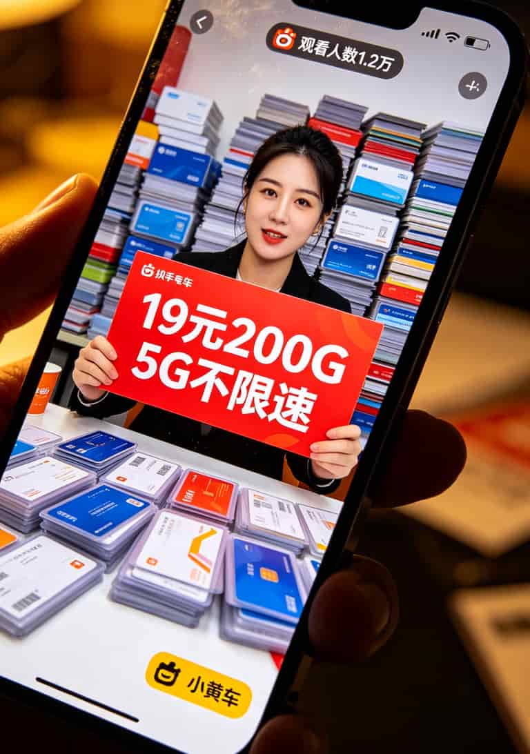 19.9流量卡是不是真的?我在通讯城卖了三年卡,这些内幕没人敢说 快手直播间截图显示19元200G流量卡广告